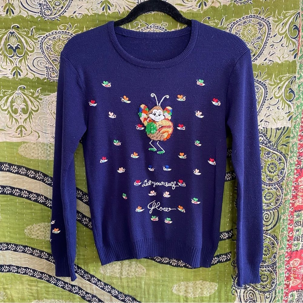 Vintage 90's Navy Blue Let Yourself Glow Embroidered Teacher Sweater Size Small